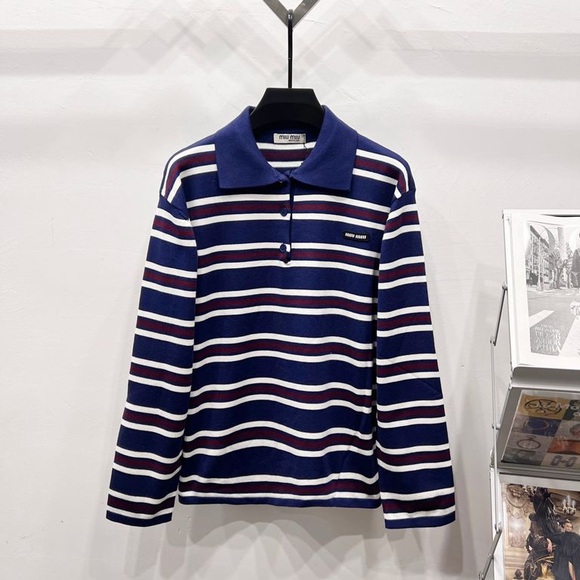 Miu Miu Blue and White Striped Long Sleeve Polo - Picture 1 of 7